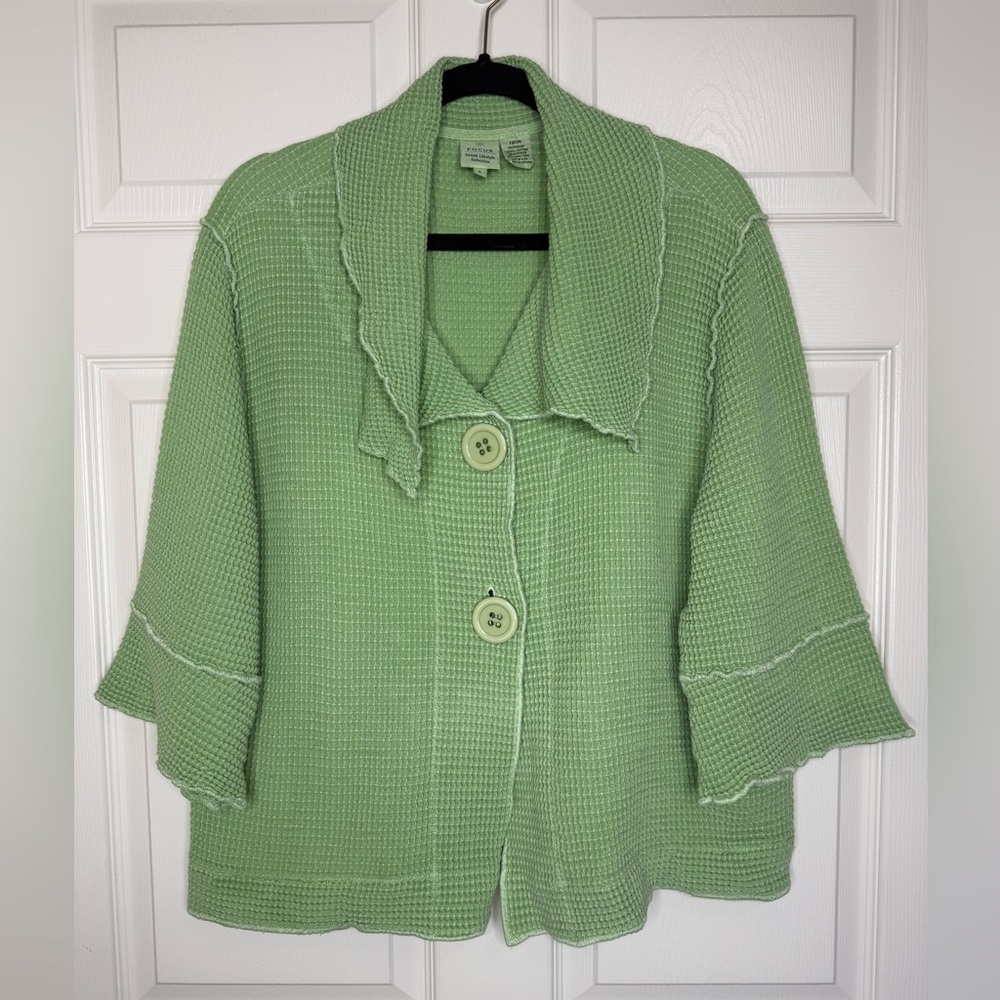 FOCUS Waffle Knit Button Jacket Pistachio Green Size L 100% Cotton Textured - Picture 2 of 11